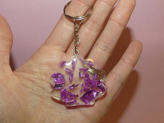 Porte-clefs coquillage transparent/feuille d'or violettes