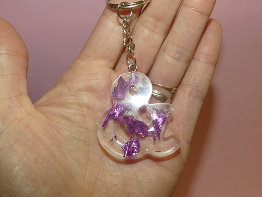 Porte-clefs esperluette transparent/feuille d'or violettes