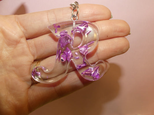 Porte-clefs Alphabet R transparent/feuilles d'or violettes