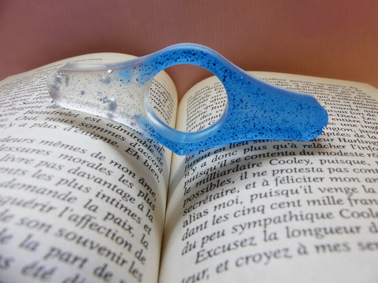 Bague de lecture V2 bleu/transparent/feuilles d'or grises/paillettes