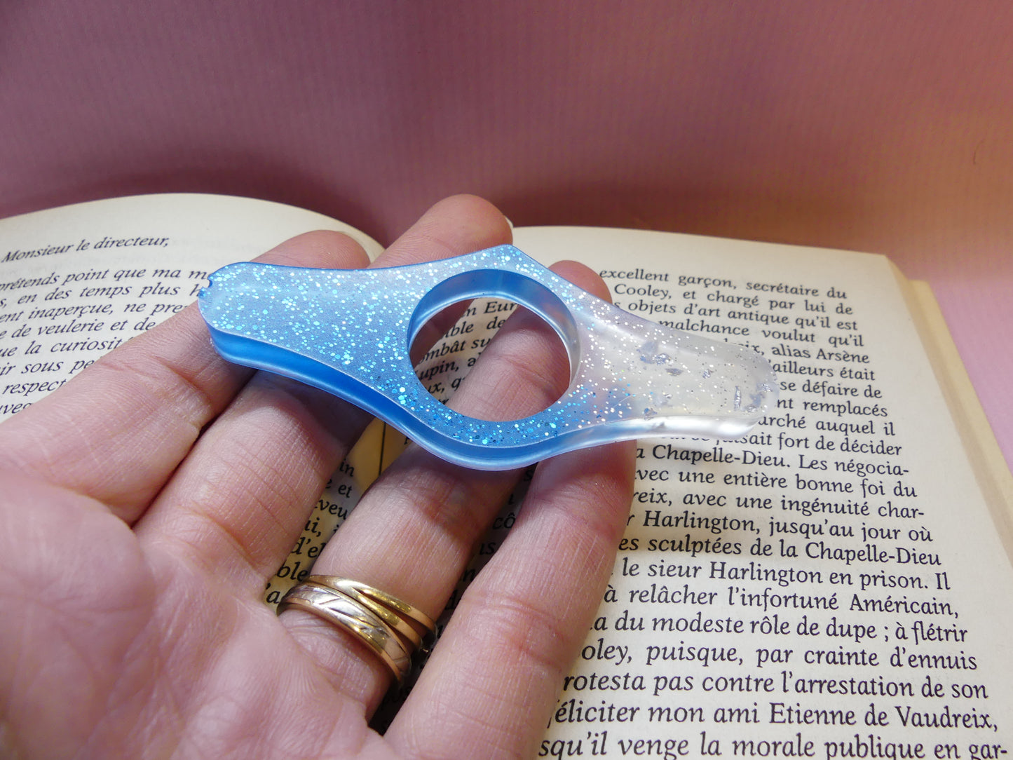 Bague de lecture V2 bleu/transparent/feuilles d'or grises/paillettes