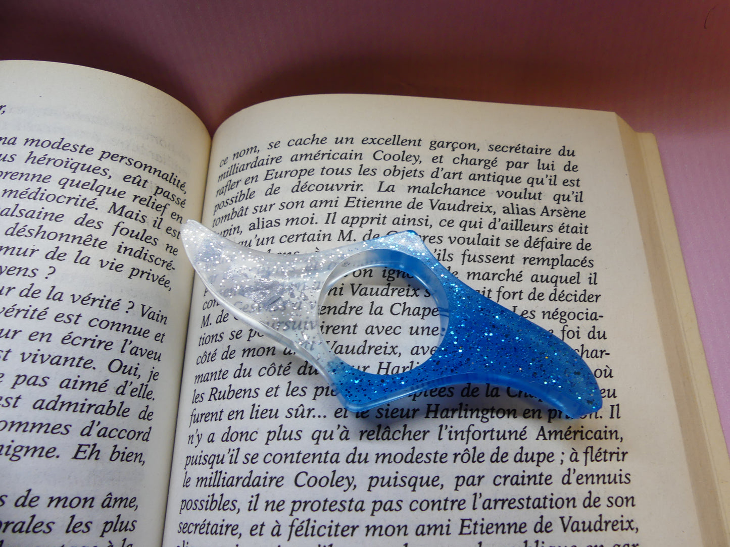 Bague de lecture V1  bleu/transparent/feuilles d'or grises/paillettes