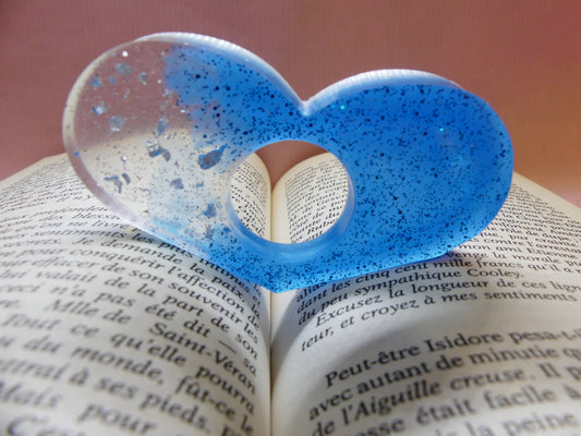 Bague de lecture V4 bleu/transparent/feuilles d'or grises/paillettes