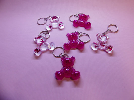 Porte-clefs Ourson transparent feuilles d'or roses