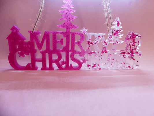 Accroche murale "Merry Christmas"  transparent feuilles d'or roses