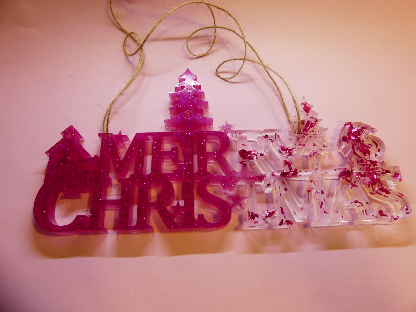 Accroche murale "Merry Christmas"  transparent feuilles d'or roses