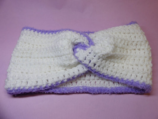 Bandeau cache-oreilles en crochet blanc, liseré violet