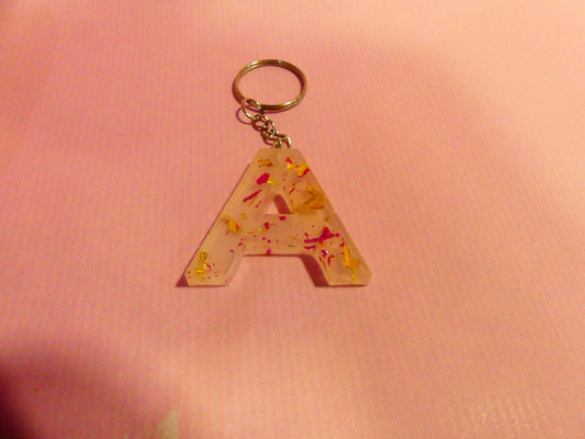 Porte-clefs Alphabet A V2 transparent feuilles d'or dorées/roses